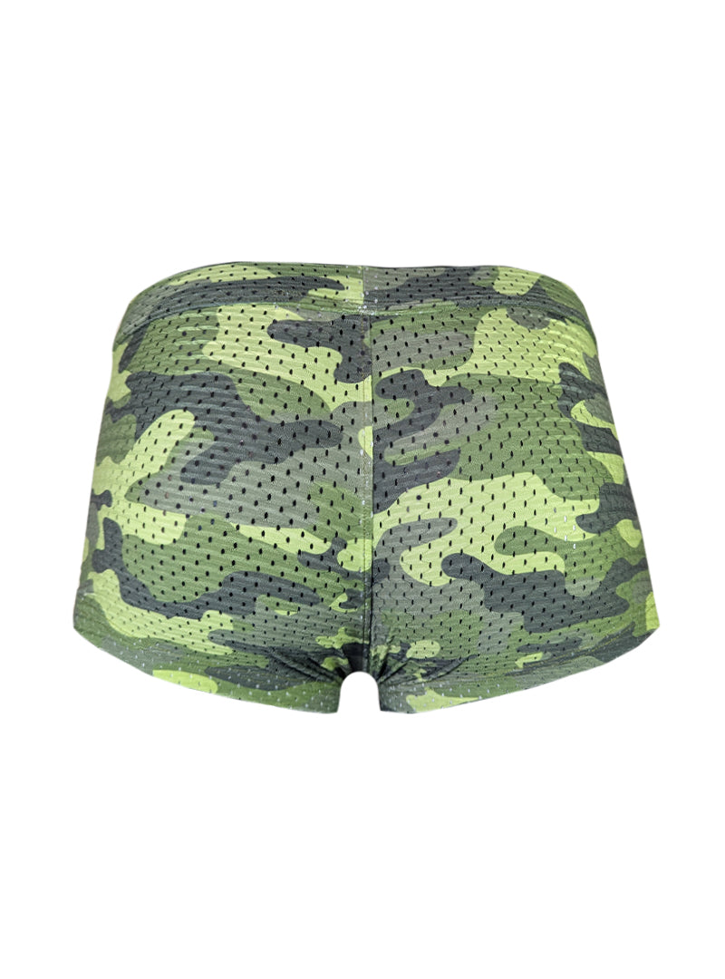 Nylux camo trunk green and black camouflage mesh briefs designed for breathability and comfort