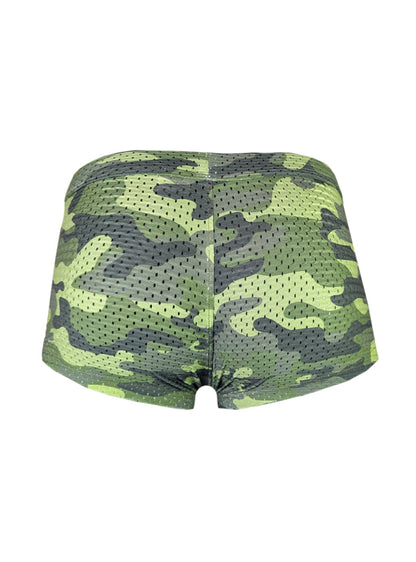 Nylux camo trunk green and black camouflage mesh briefs designed for breathability and comfort