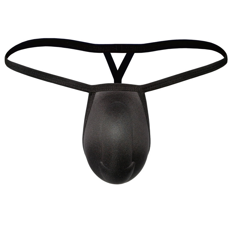 Black thong-style cock bra from MetroMaleWear with smooth textured fabric and thin elastic straps