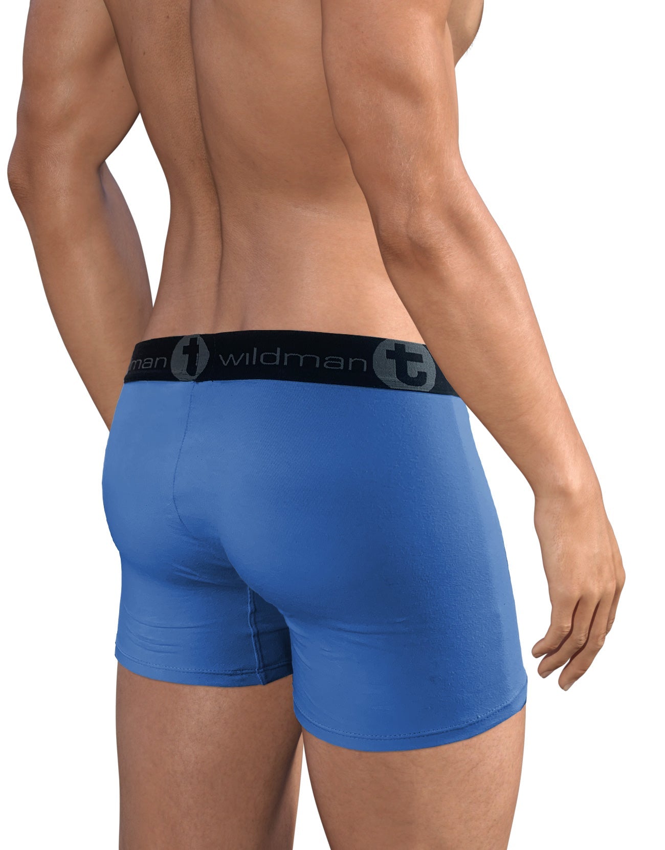 Blue 5-inch inseam cotton boxer briefs with a black branded elastic waistband on a fit model, rear view.