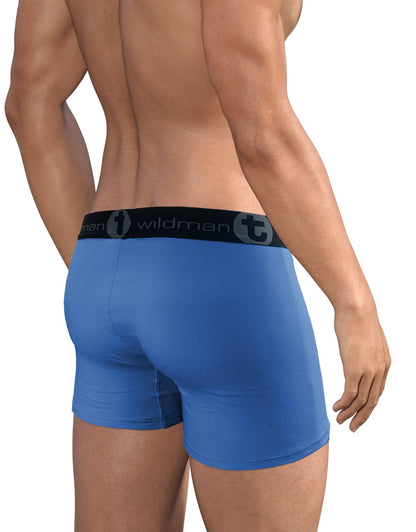Blue 5-inch inseam cotton boxer briefs with a black branded elastic waistband on a fit model, rear view.