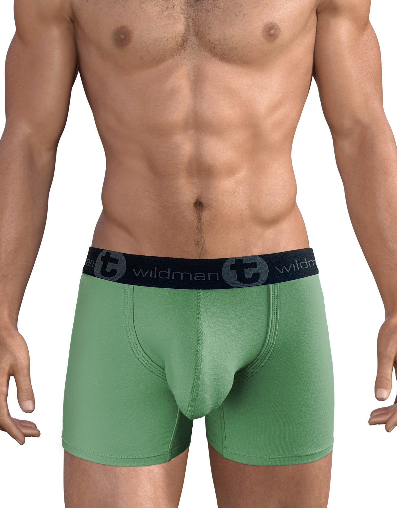 Sage green cotton boxer briefs with a supportive contour pouch and a black branded Wildman elastic waistband.