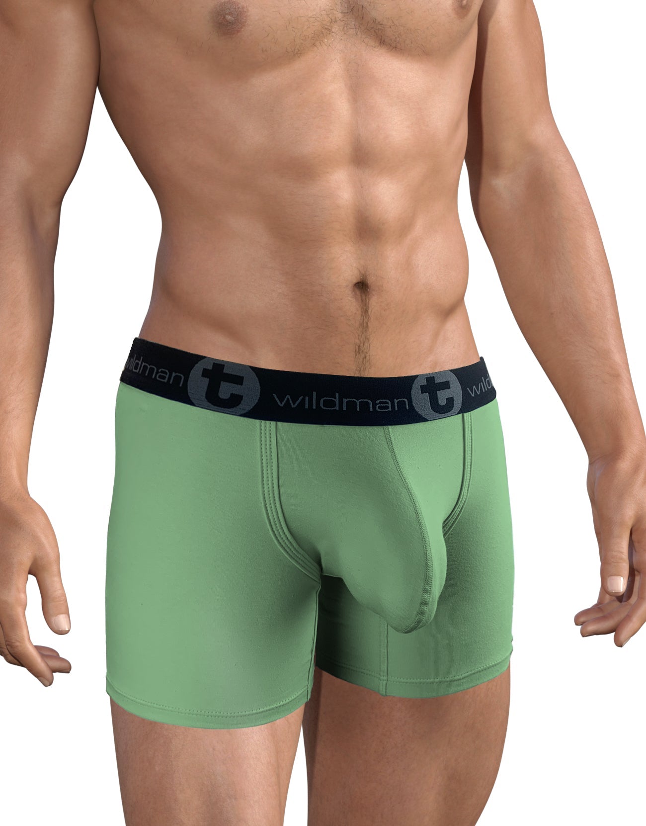 Sage green 5-inch inseam cotton boxer briefs with a prominent contoured pouch and black Wildman branded waistband.