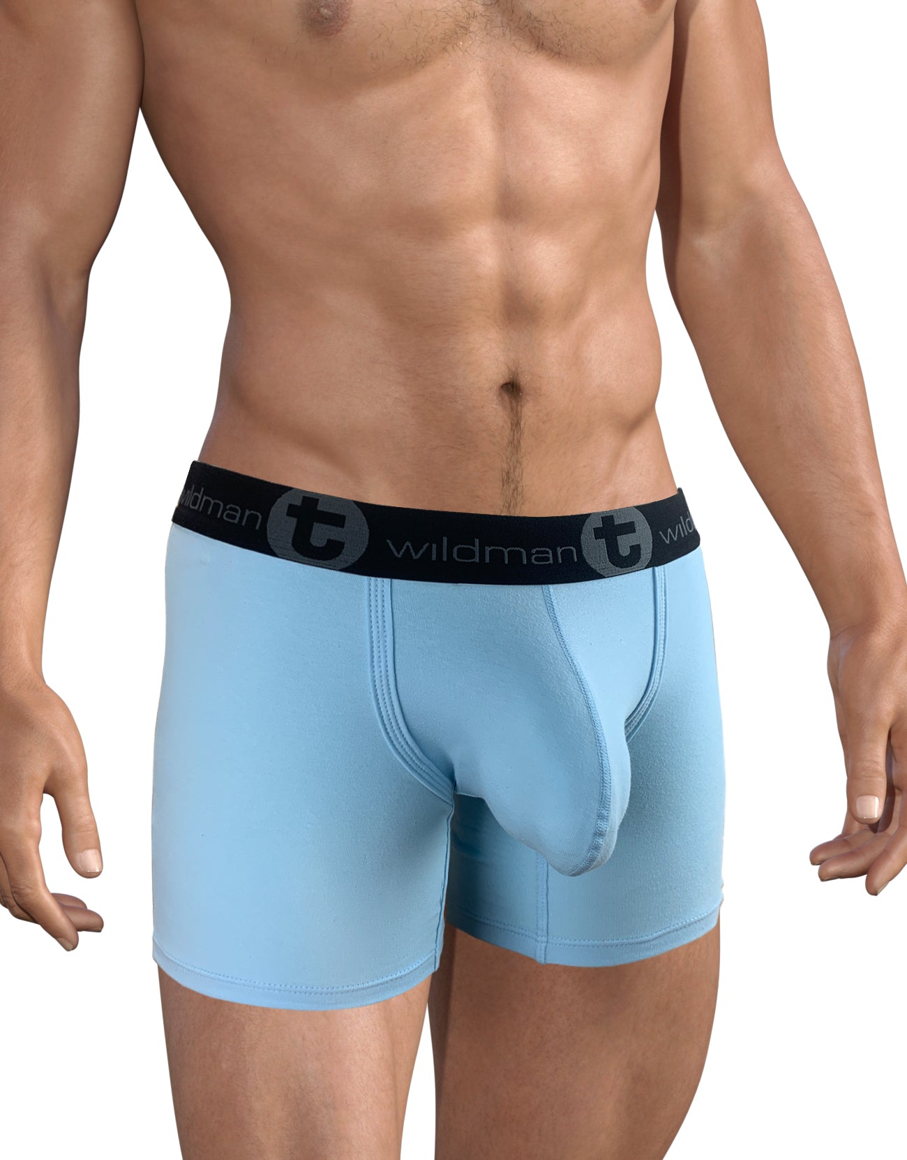 Light blue 5-inch inseam cotton boxer briefs with a supportive front pouch and black Wildman branded elastic waistband.