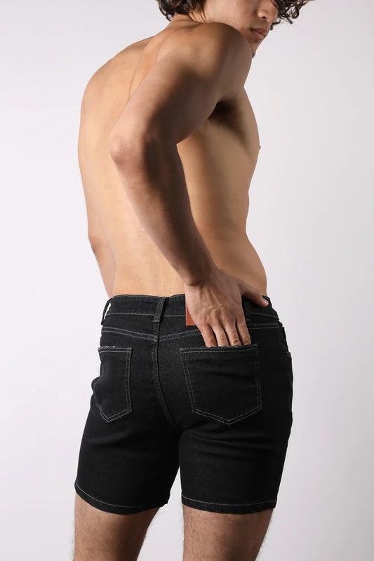 Oceanside denim short black slim fit shorts with contrasting stitching made from denim material