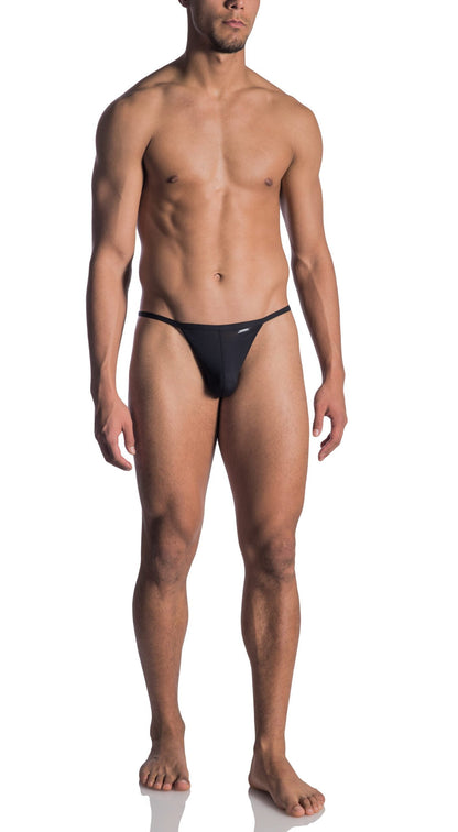 Black men’s thong olaf benz 0965 riotanga with subtle side logo in sleek black fabric shown from the back side