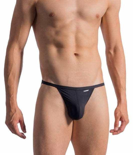 Black form-fitting thong olaf benz 0965 riotanga with sleek minimalist design and subtle waistband branding shown from the back