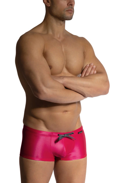 Olaf Benz blu2453 sunpants bright pink shiny swim trunks with black and white checkered drawstring front view