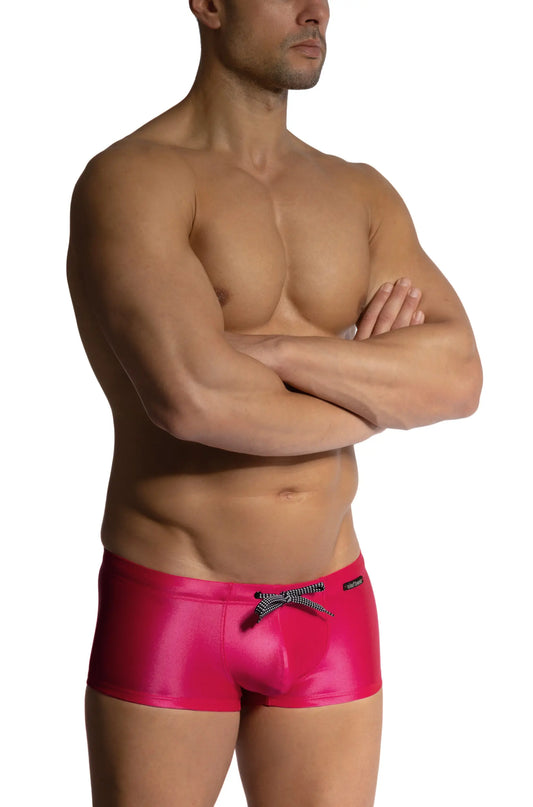 Olaf Benz blu2453 sunpants bright pink shiny swim trunks with black and white checkered drawstring front view