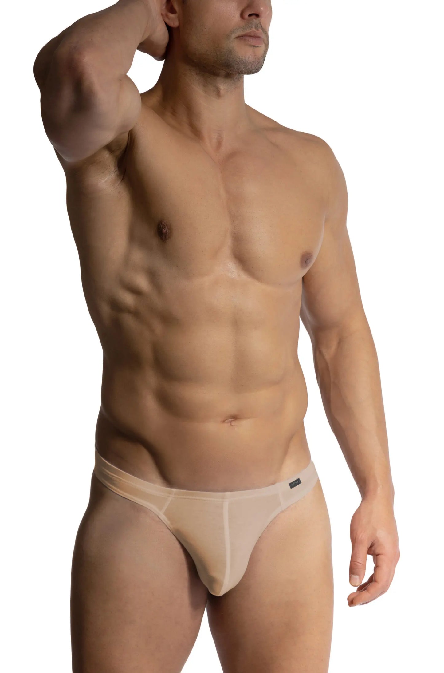 Beige OLAF BENZ MINISTRING sheer mesh briefs with minimalist design and subtle branding on the waistband