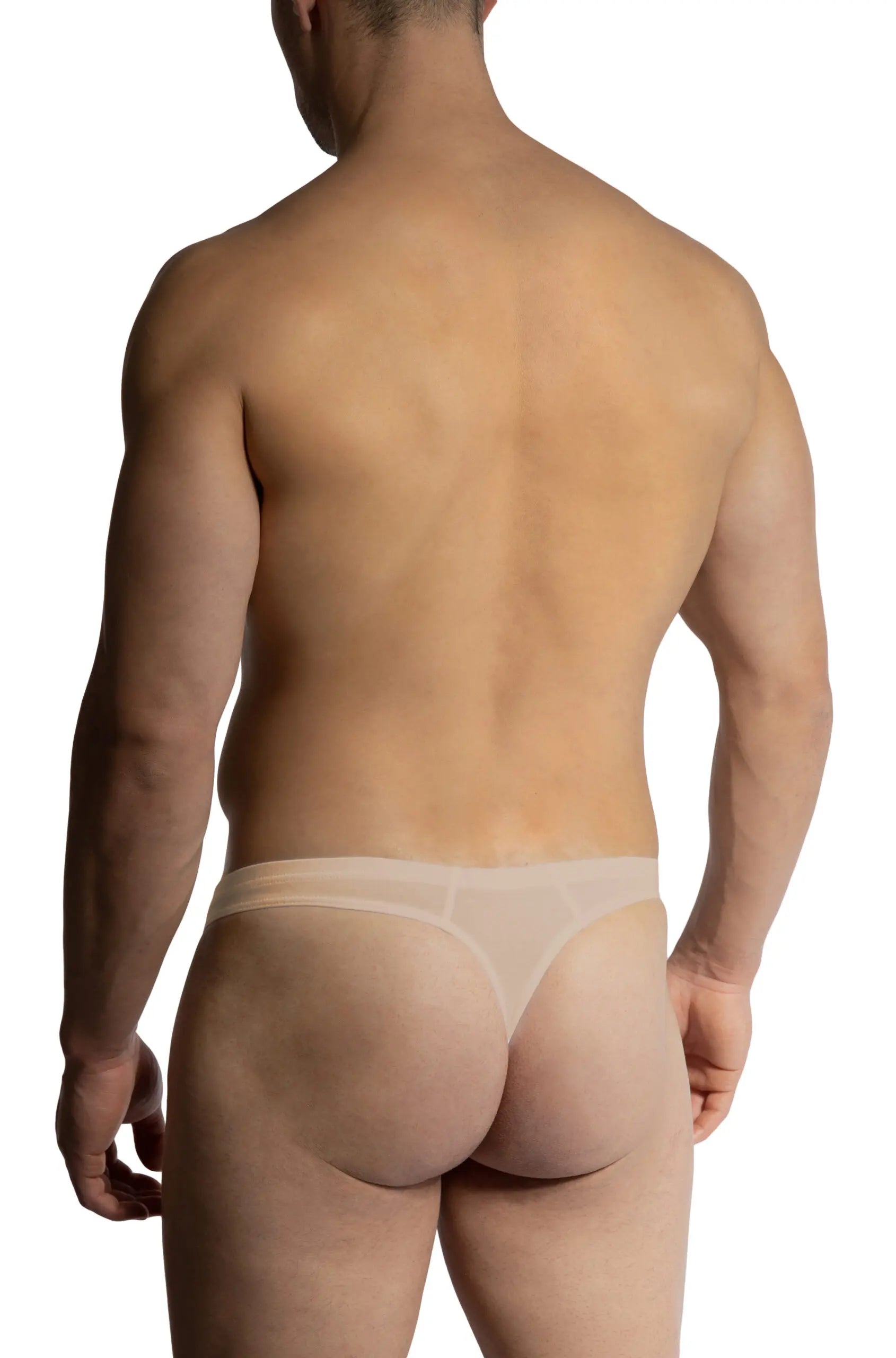 Transparent beige mesh thong by olaf benz ministrings with sheer breathable fabric shown from the front