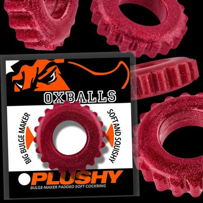 Red textured gear-shaped oxballs plushy cockring made of soft squishy padded material for comfortable wear