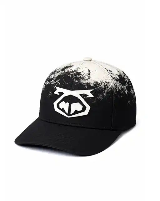 Oxidize snout cap black baseball cap with white splatter paint effect and bold geometric logo on front