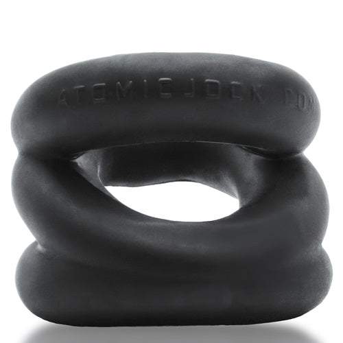 Black, double-looped silicone novelty with raised lettering.