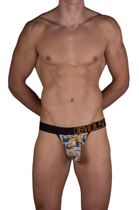 Obviously geometric low rise bikini underwear in black and orange with gray white and yellow geometric pattern size s