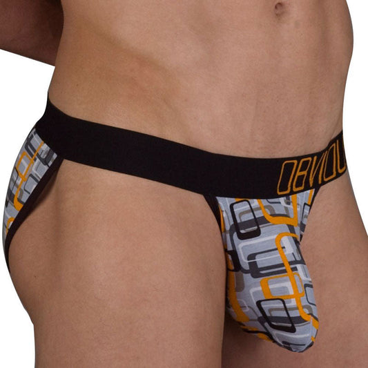 Black and gray patterned obviously geometric low rise bikini underwear with orange accents size s