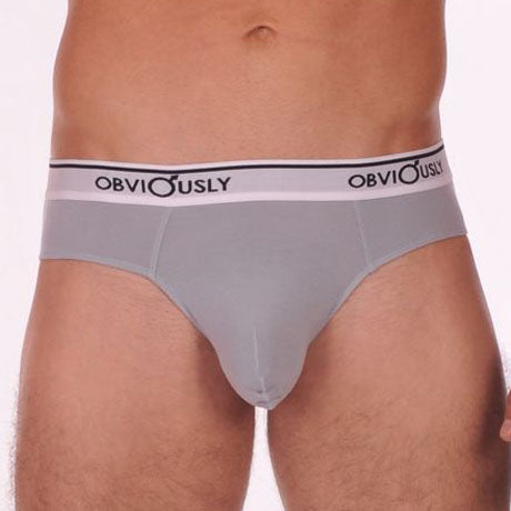 Gray obviously pouch brief full cut underwear with white elastic waistband and black brand lettering size s