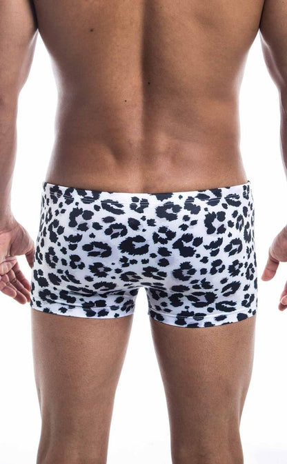 White Oceanico Square Cut swim trunks with black leopard print pattern for stylish beachwear