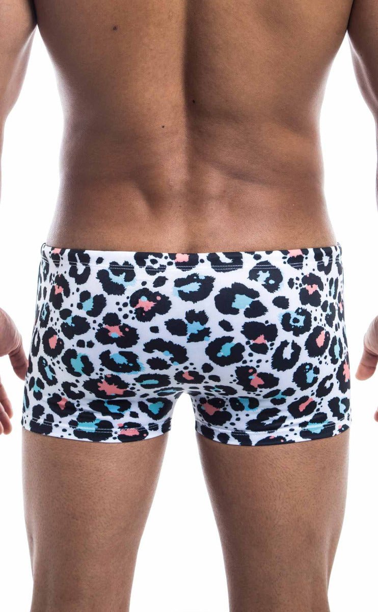 Oceanico square cut white swim trunks with bold leopard print in black teal and pink spots for stylish beachwear