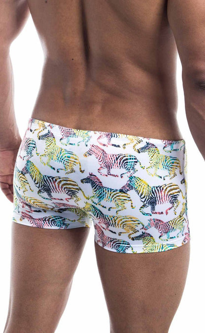 White swim trunks oceanico square cut with vibrant rainbow zebra pattern perfect for beach and pool use