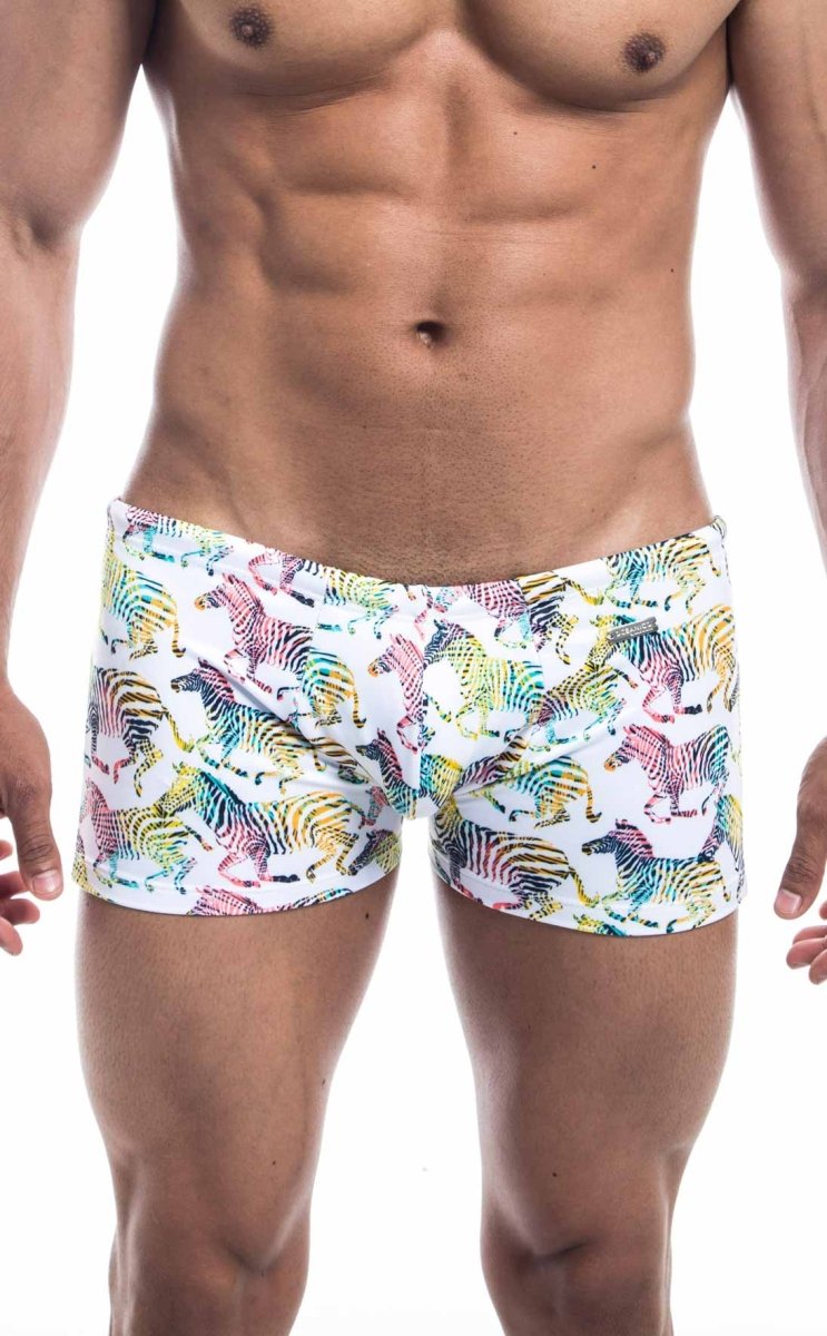 White swim trunks oceanico square cut with vibrant multicolored rainbow zebra pattern for beachwear