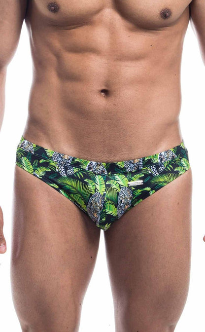 Oceanico swim bikini green and black swim trunks with vibrant jungle pattern featuring leopard prints and tropical leaves