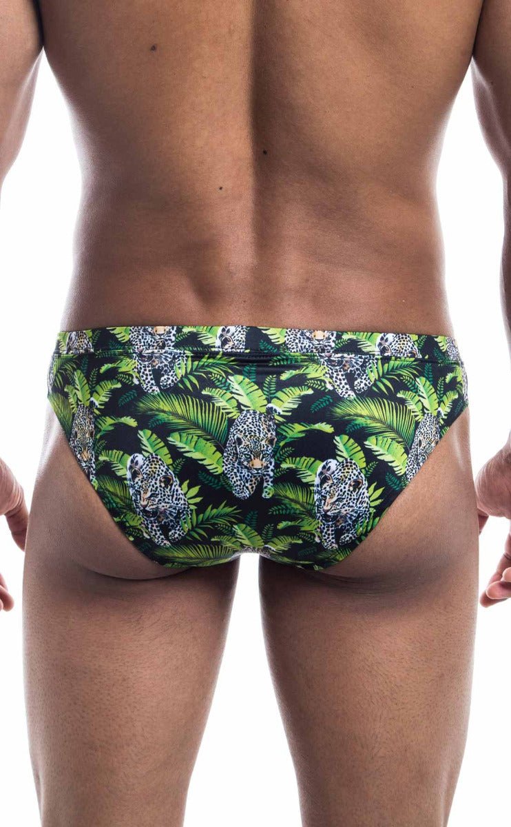 Oceanico swim bikini green and black swim trunks with vibrant tropical leopard and palm leaf pattern
