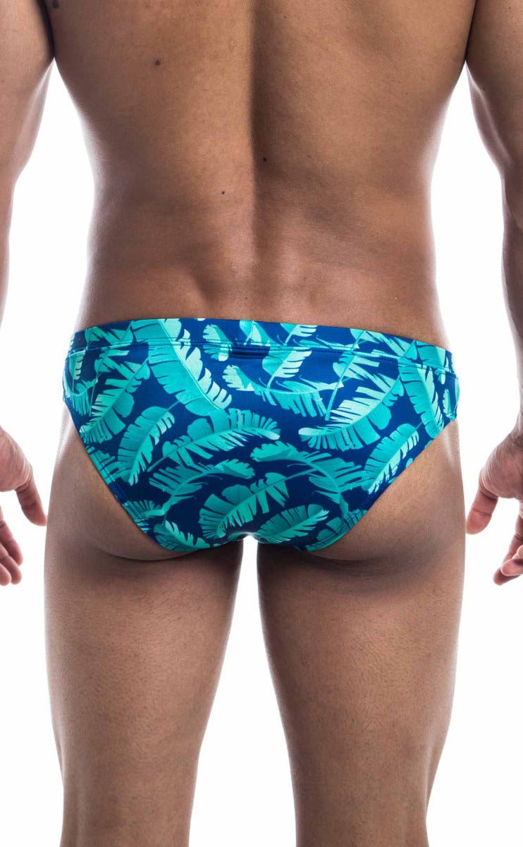 Oceanico swim bikini blue and teal tropical leaf patterned swim trunks designed for beach and pool use