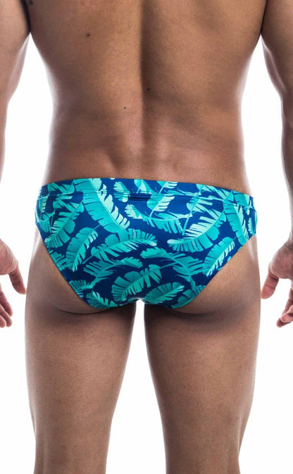 Oceanico swim bikini blue and teal tropical leaf patterned swim trunks designed for beach and pool use