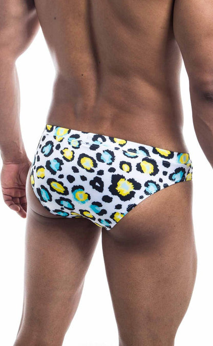 White Oceanico swim bikini trunks with bold colorful leopard print yellow and teal spots for beachwear