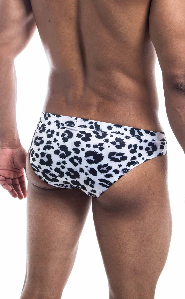 Oceanico swim bikini white swim trunks with bold black leopard print pattern for stylish beachwear