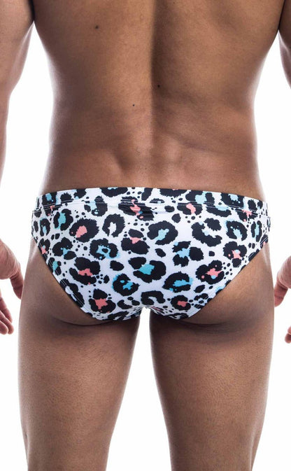White oceanico swim bikini trunks with bold leopard print black spots pink and light blue accents