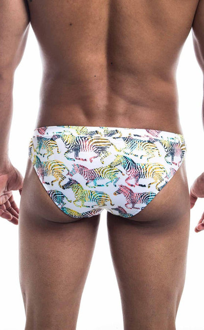 Oceanico swim bikini white swim trunks with vibrant multicolored zebra pattern in rainbow hues for beachwear