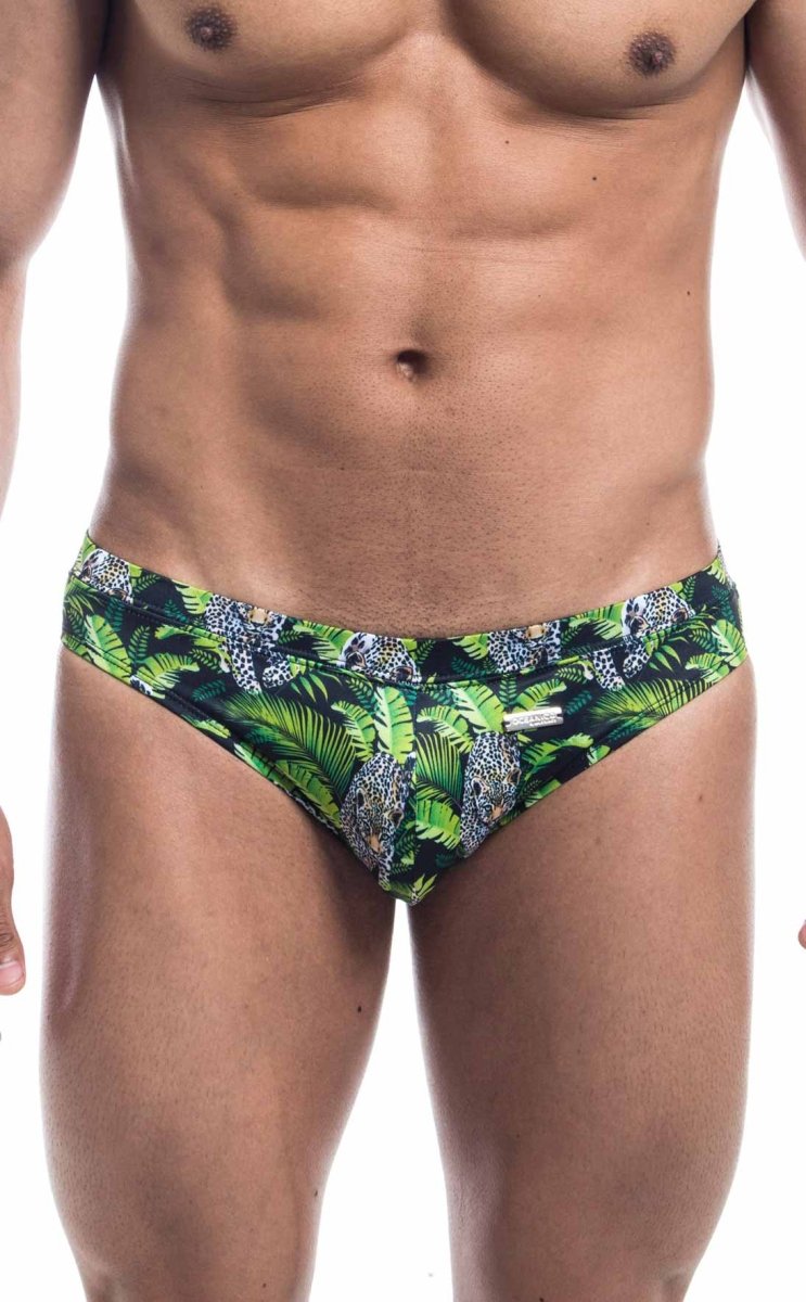 Oceanico swim bikini green and black tropical print swim trunks with palm leaves and jaguars pattern