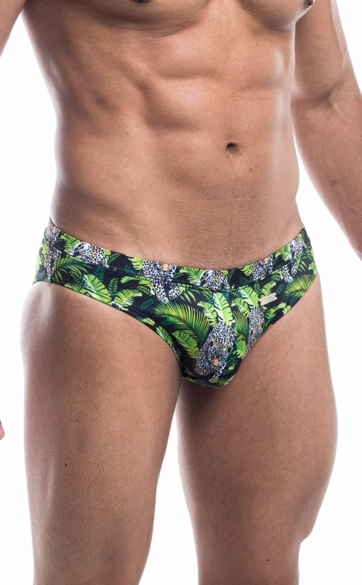 Oceanico swim bikini green and black tropical leaf patterned swim trunks with leopard print accents