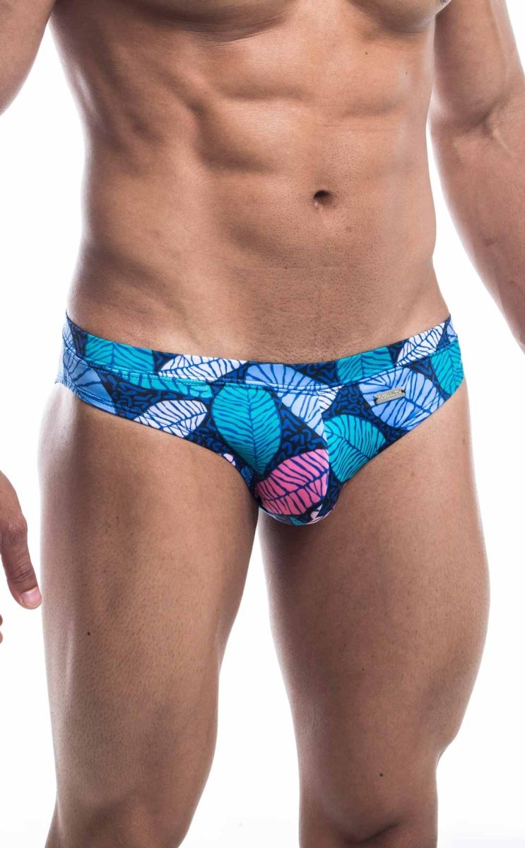 Oceanico swim bikini blue and pink leaf-patterned swim trunks with vibrant tropical design for beachwear