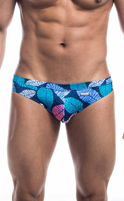 Oceanico swim bikini with blue and pink leaf-patterned swim trunks featuring a vibrant tropical design