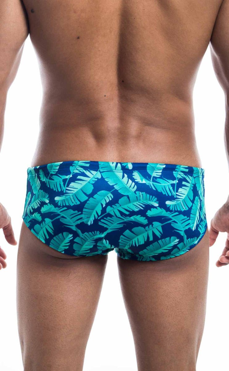 Oceanico swim brief teal and blue tropical leaf patterned swim trunks designed for comfortable beachwear