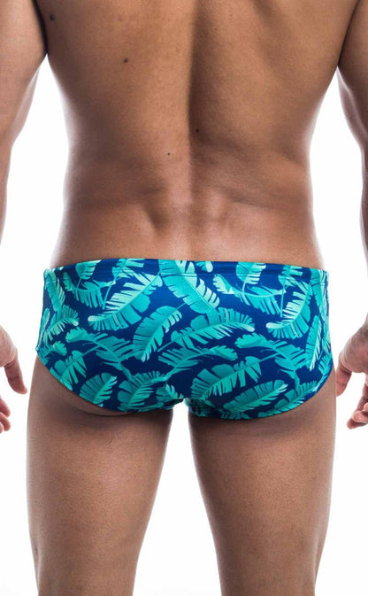 Oceanico swim brief teal and blue tropical leaf patterned swim trunks designed for comfortable beachwear