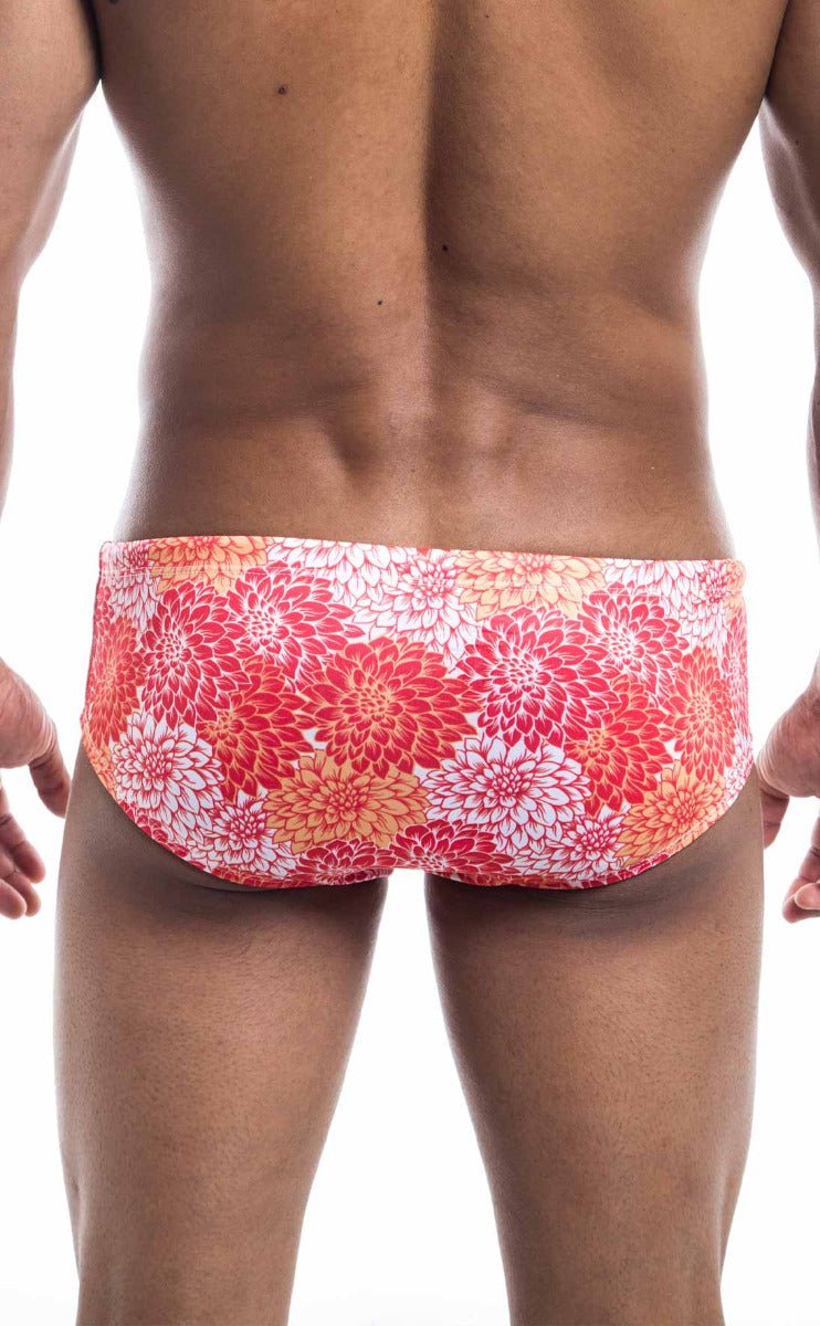 Oceanico swim brief vibrant red and orange floral-patterned swim trunks designed for beach and poolwear