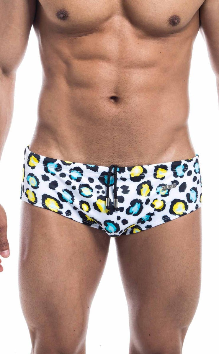 Oceanico swim brief white swim trunks with bold leopard print yellow and teal spots and black drawstring closure