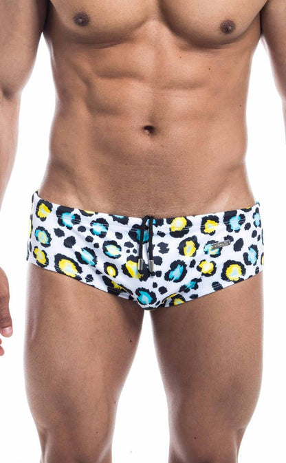 Oceanico swim brief white swim trunks with bold leopard print yellow and teal spots and black drawstring closure