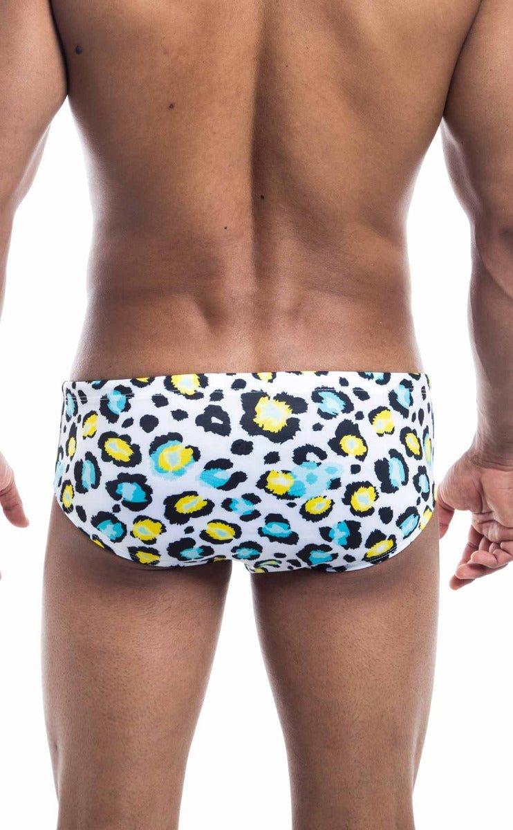 White Oceanico swim brief with bold colorful leopard print in black yellow and light blue spots for beachwear