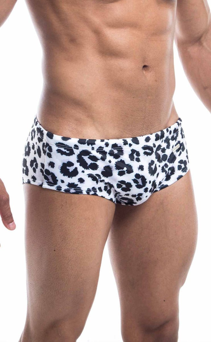 Oceanico swim brief in white swim trunks with black leopard print pattern designed for comfortable swimming