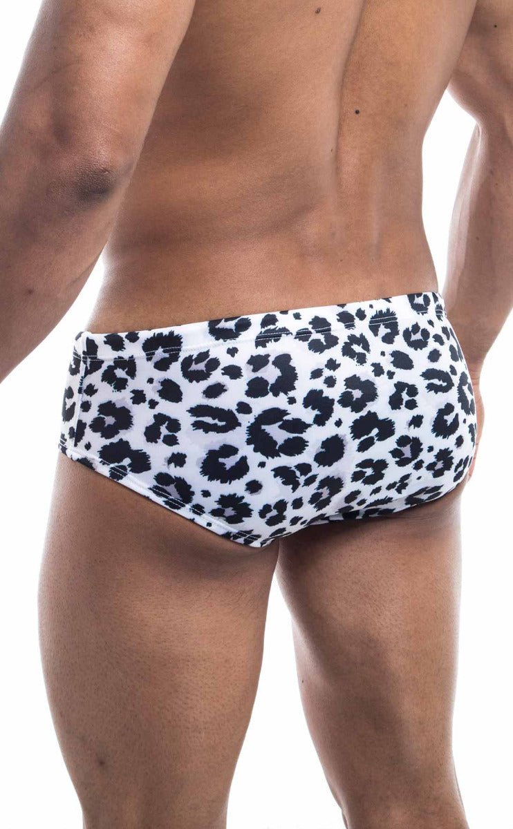 Oceanico swim brief featuring white fabric with bold black leopard print pattern ideal for swimming and beachwear