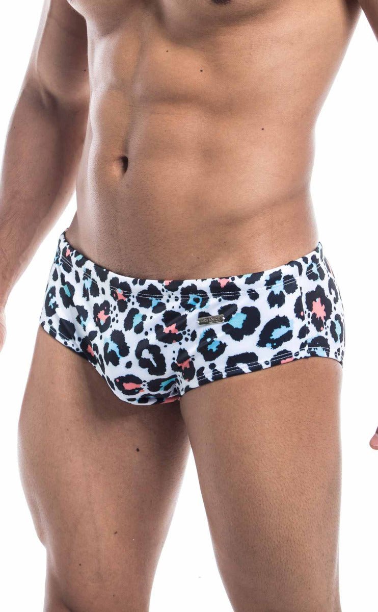 White Oceanico swim brief with bold leopard print in black blue and pink spots for stylish swimwear