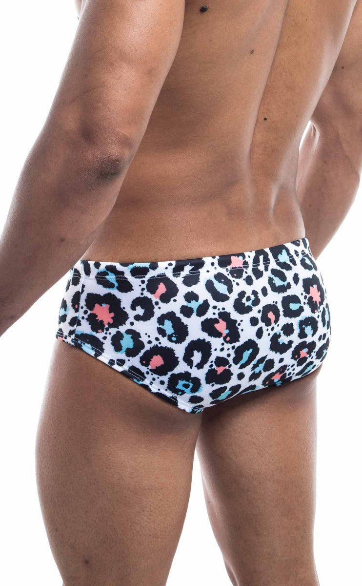 Oceanico swim brief white swim trunks with bold leopard print black spots pink and light blue accents