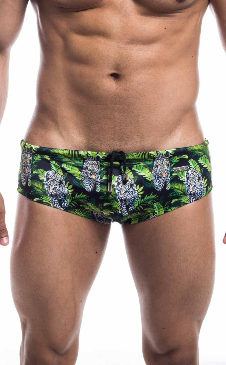 Oceanico swim brief green and black swim trunks with vibrant tropical leopard pattern and lush foliage design