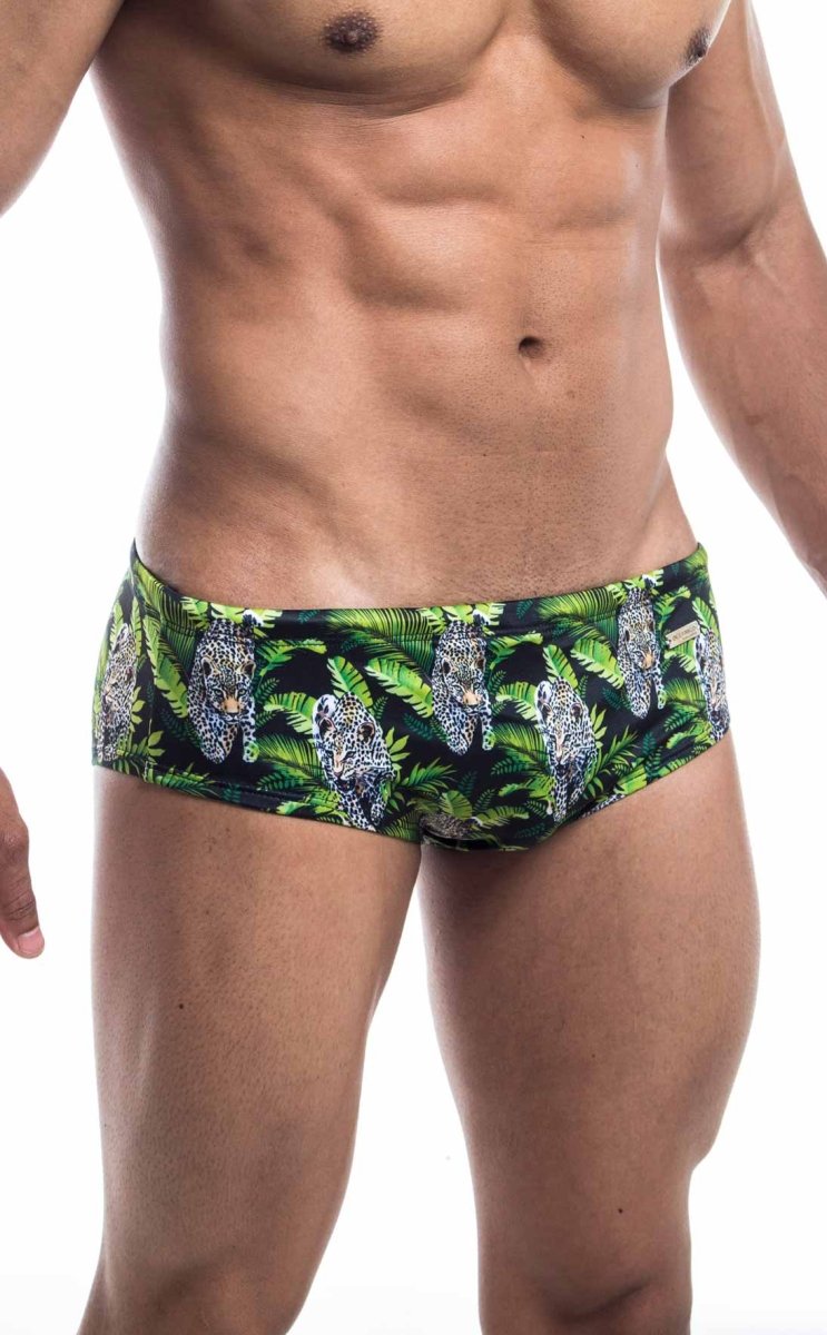 Oceanico swim brief green and black with bold leopard pattern and tropical foliage designed for swimwear use