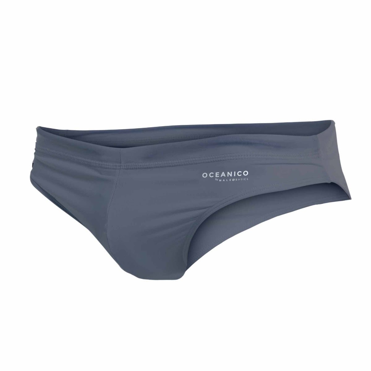 Gray oceanico swim briefs with sleek form-fitting design and subtle white branding on the waistband